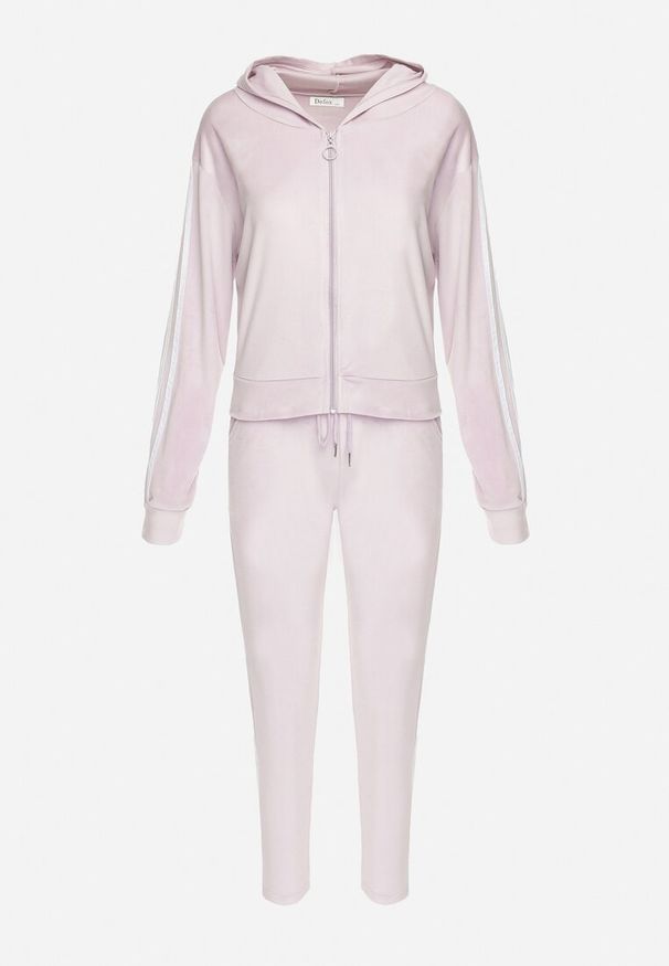 Born2be - Jasnofioletowy Welurowy Komplet Dresowy 2-Częściowy z Lampasami Bluza i Spodnie Atiriv. Kolor: fioletowy. Materiał: welur, dresówka