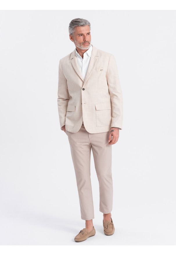 Ombre Clothing - Męska marynarka o kroju REGULAR z lnem - kremowa V1. Okazja: do pracy. Kolor: kremowy. Materiał: len. Wzór: aplikacja. Styl: klasyczny, elegancki