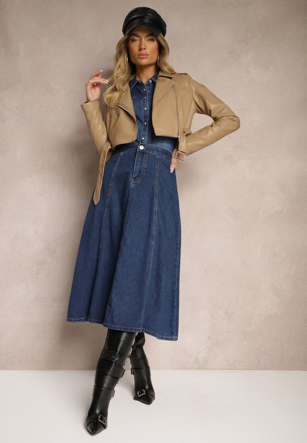 Renee - Granatowa Bawełniana Spódnica Jeansowa o Rozkloszowanym Kroju Bialitta. Okazja: na co dzień. Kolor: niebieski. Materiał: jeans, bawełna. Styl: casual, klasyczny