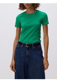 Reserved - T-shirt w prążek - zielony. Kolor: zielony. Materiał: dzianina, bawełna. Wzór: prążki