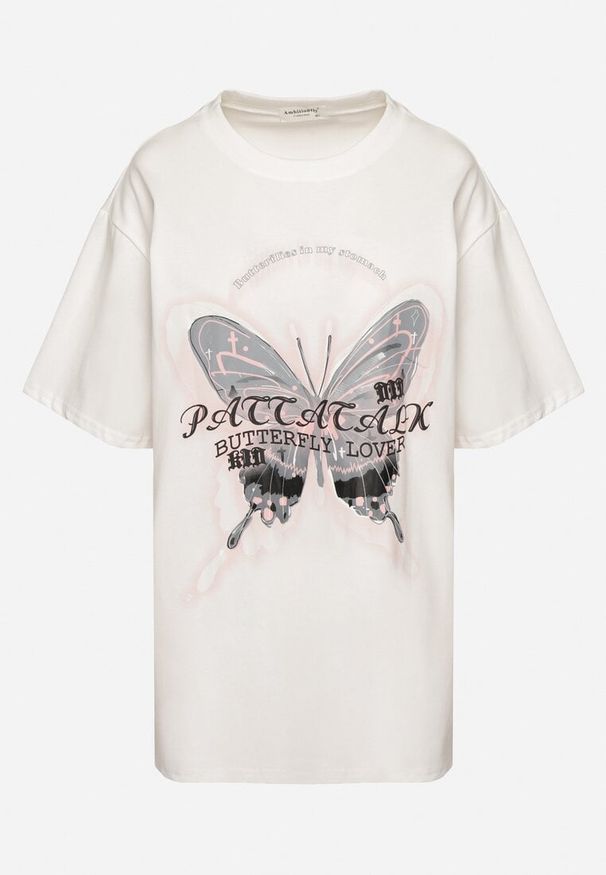 Born2be - Biały T-shirt Oversize z Bawełny z Nadrukiem z Motylem Nonatira. Okazja: na spacer. Kolor: biały. Materiał: bawełna. Wzór: nadruk. Styl: elegancki, klasyczny
