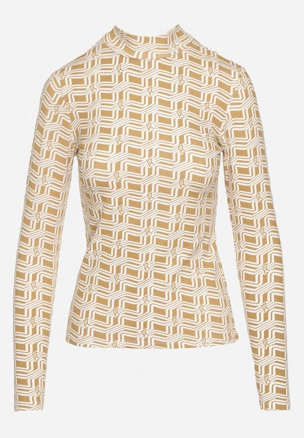 Born2be - Biało-Beżowa Bawełniana Bluzka z Golfem i Długim Rękawem w Geometryczny Wzór Vilitila. Okazja: na co dzień. Typ kołnierza: golf. Kolor: biały. Materiał: bawełna. Długość rękawa: długi rękaw. Długość: długie. Wzór: geometria. Styl: elegancki, casual