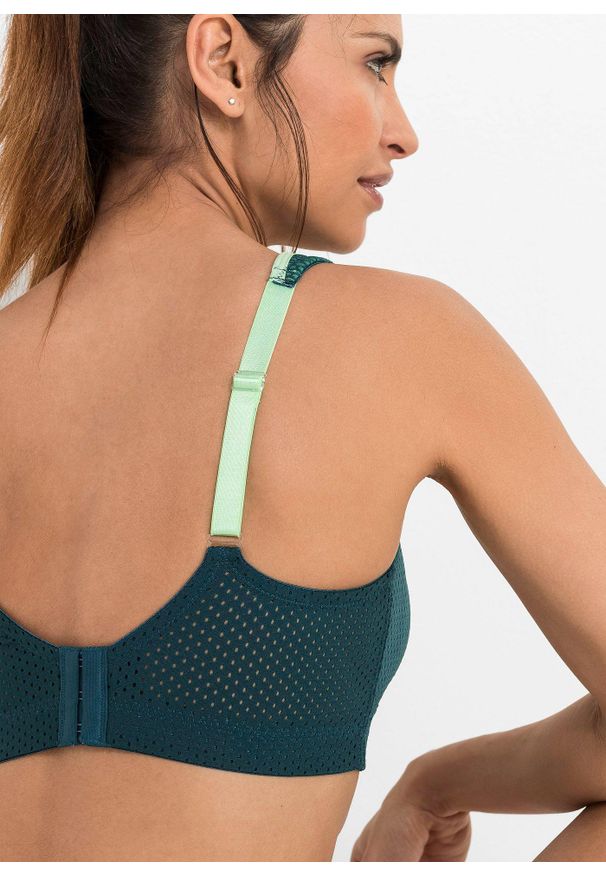 bonprix - Biustonosz sportowy, silny stopień podtrzymywania biustu. Kolor: niebieski. Materiał: materiał, skóra. Rodzaj stanika: wyściełane miseczki, różne sposoby noszenia