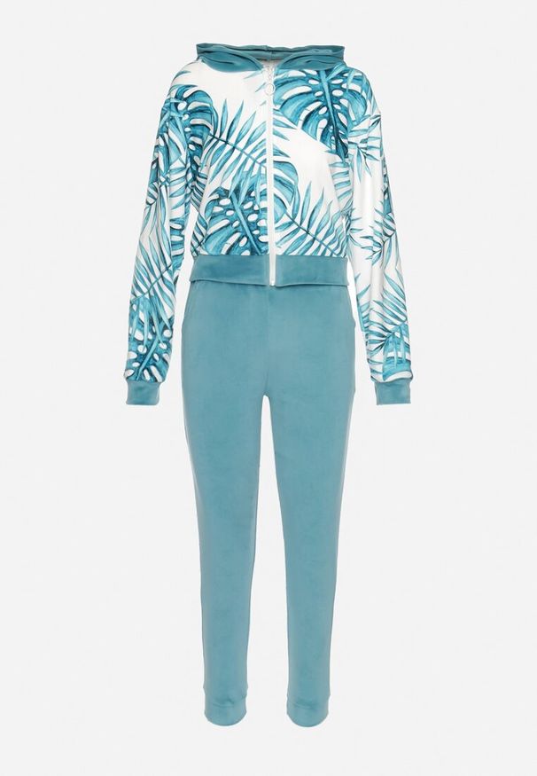 Born2be - Miętowy Komplet Dresowy z Weluru Bluza z Kapturem z Ozdobnym Wzorem i Spodnie Grouvia. Kolor: miętowy. Materiał: dresówka, welur