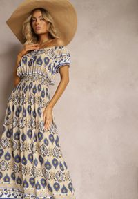 Renee - Beżowo-Niebieska Sukienka na Lato z Bawełny z Modelującą Gumką w Talii Deorna. Kolor: beżowy. Materiał: bawełna. Sezon: lato