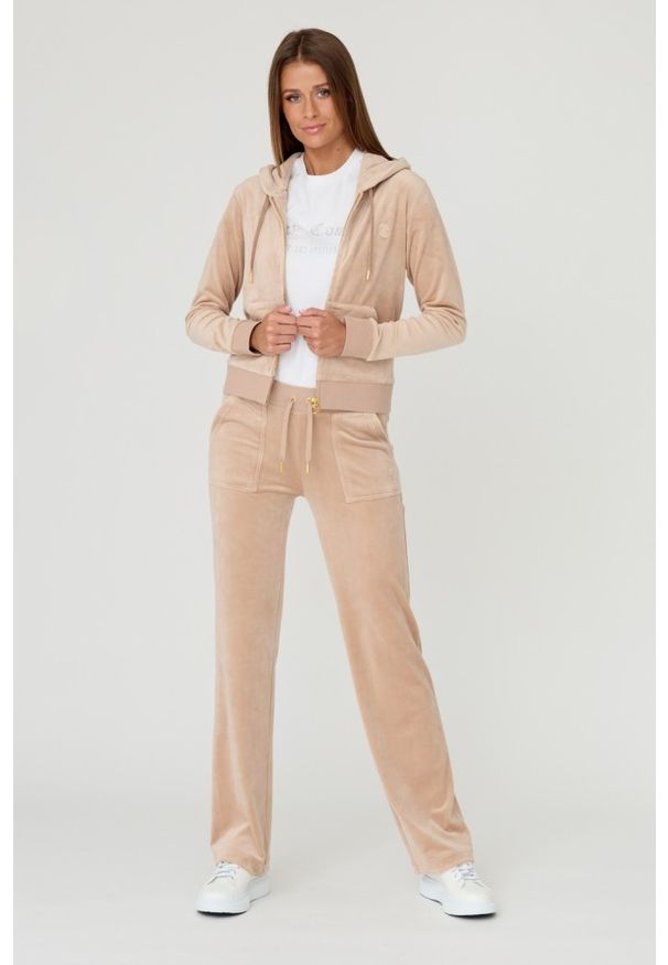 Juicy Couture - JUICY COUTURE Beżowa damska bluza Robertson, Rozmiar M. Typ kołnierza: kaptur. Kolor: beżowy. Materiał: welur