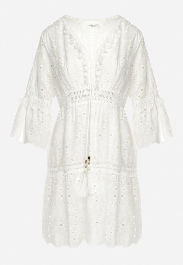 Born2be - Biała Bawełniana Sukienka w Stylu Boho z Ażurowym Wzorem Elsenia. Kolor: biały. Materiał: bawełna. Wzór: ażurowy. Sezon: lato. Styl: boho