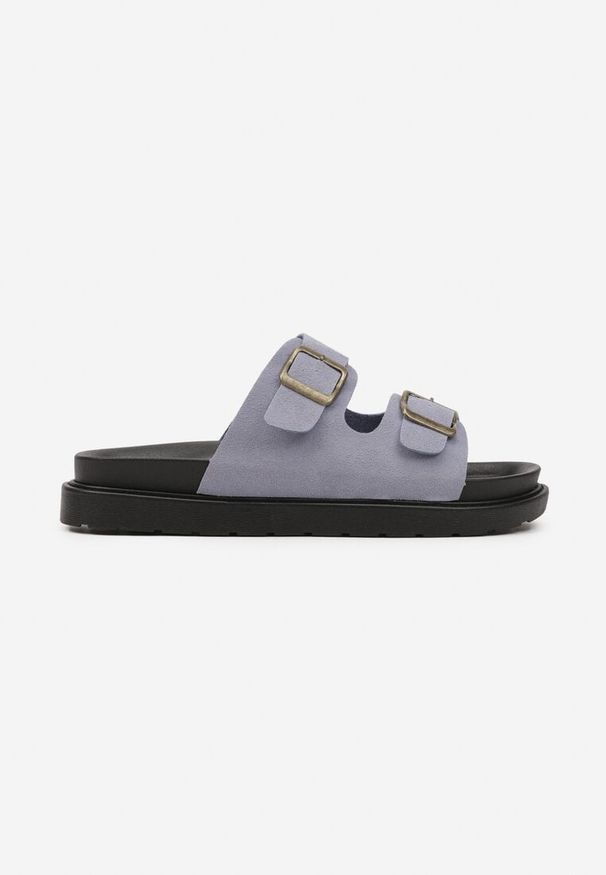 Born2be - Niebieskie Casualowe Klapki z Paskami z Klamrami Winea. Okazja: na co dzień. Kolor: niebieski. Materiał: jeans, zamsz. Obcas: na płaskiej podeszwie. Styl: casual