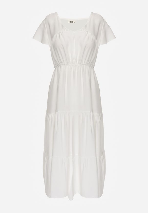 Renee - Biała Sukienka z Wiskozy o Rozkloszowanym Kroju z Falbanami Jonmy. Okazja: na co dzień. Typ kołnierza: dekolt w serek. Kolor: biały. Wzór: gładki, aplikacja. Typ sukienki: proste. Materiał: wiskoza. Długość rękawa: krótki rękaw. Sezon: lato. Styl: casual, elegancki. Długość: midi