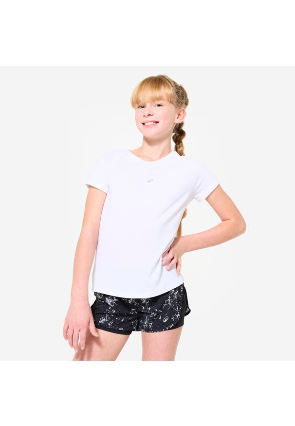 Decathlon - Koszulka sportowa z krótkim rękawem dla dzieci Domyos. Kolor: biały. Materiał: materiał, poliester, lyocell, elastan. Długość rękawa: krótki rękaw. Długość: krótkie. Sport: joga i pilates