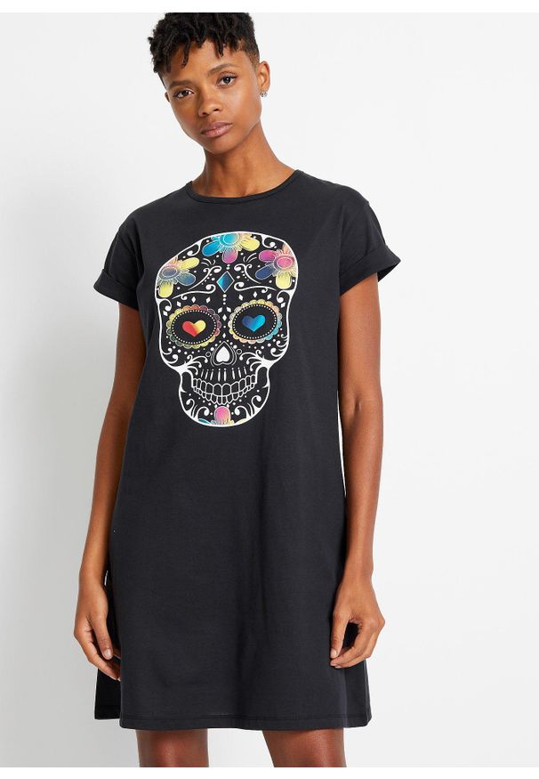 bonprix - Sukienka shirtowa z czystej bawełny organicznej. Kolor: czarny. Materiał: bawełna. Długość rękawa: krótki rękaw. Wzór: nadruk, kolorowy