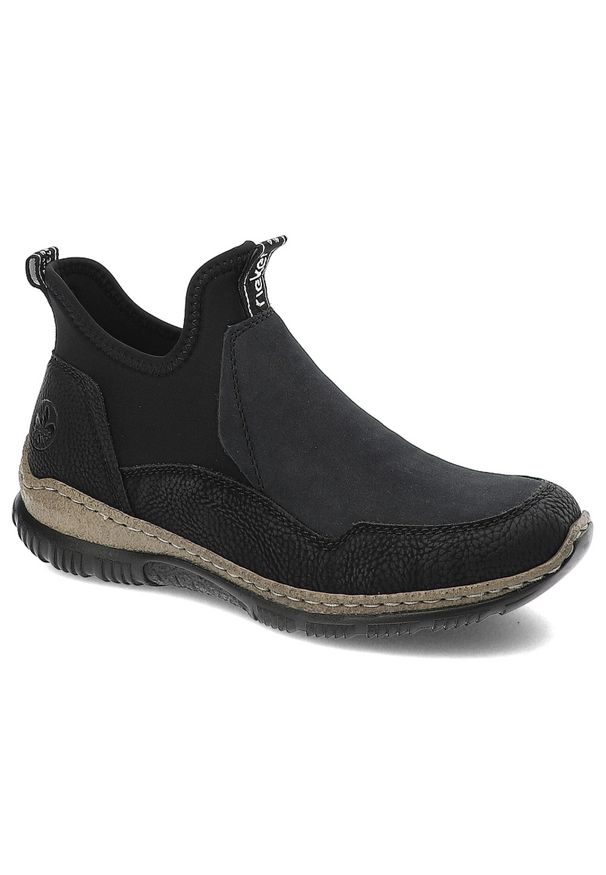 Czarne Botki Rieker Modne Wsuwane Obuwie Damskie. Okazja: na co dzień, na spacer. Zapięcie: bez zapięcia. Kolor: czarny. Materiał: materiał. Wzór: aplikacja. Styl: casual