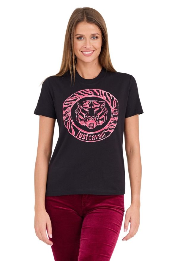Just Cavalli - JUST CAVALLI Czarny damski t-shirt R Tiger Round Flock, Rozmiar XS. Kolor: czarny