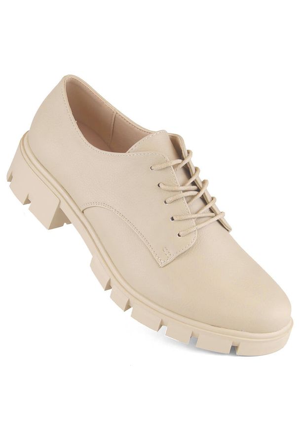 Półbuty damskie oksfordki beżowe M.Daszyński MR23119-5. Kolor: beżowy. Materiał: skóra ekologiczna. Obcas: na obcasie. Wysokość obcasa: średni