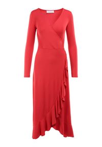 Born2be - Czerwona Sukienka Verial. Kolor: czerwony. Materiał: dzianina, wiskoza. Długość rękawa: długi rękaw. Typ sukienki: kopertowe. Styl: elegancki. Długość: midi #6