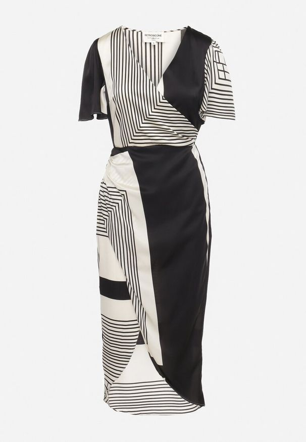 Born2be - Czarno-Biała Kopertowa Sukienka Satynowa z Geometrycznym Wzorem i Gumką w Pasie Gramelia. Okazja: na co dzień. Kolor: czarny. Materiał: satyna. Wzór: geometria. Typ sukienki: kopertowe. Styl: casual