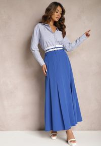 Renee - Niebieska Spódnica Długa Rozkloszowana High Waist Leoraia. Okazja: na co dzień, na spotkanie biznesowe. Stan: podwyższony. Kolor: niebieski. Długość: długie. Styl: biznesowy, elegancki, casual #5