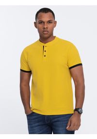 Ombre Clothing - Męska koszulka polo bez kołnierzyka - żółta V9 - Rozmiar: S. Typ kołnierza: polo, bez kołnierzyka. Kolor: żółty. Materiał: bawełna. Długość: długie