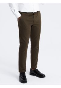 Ombre Clothing - Spodnie męskie chino SLIM FIT z delikatną teksturą - ciemnooliwkowe V4 - Rozmiar: XXL. Kolor: oliwkowy. Materiał: materiał, bawełna