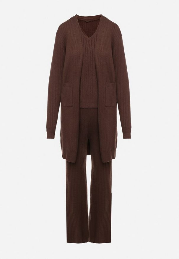 Born2be - Brązowy Komplet Dzianinowy z Bawełną Spodnie Kamizelka i Długi Kardigan Meviravia. Kolor: brązowy. Materiał: dzianina, bawełna