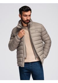 Ombre Clothing - Męska pikowana kurtka z dwoma zapięciami - ciemnobeżowa V4 - Rozmiar: XL. Okazja: na co dzień. Kolor: beżowy. Materiał: nylon, tkanina, poliester, materiał. Wzór: gładki, aplikacja. Styl: klasyczny, casual, elegancki #6