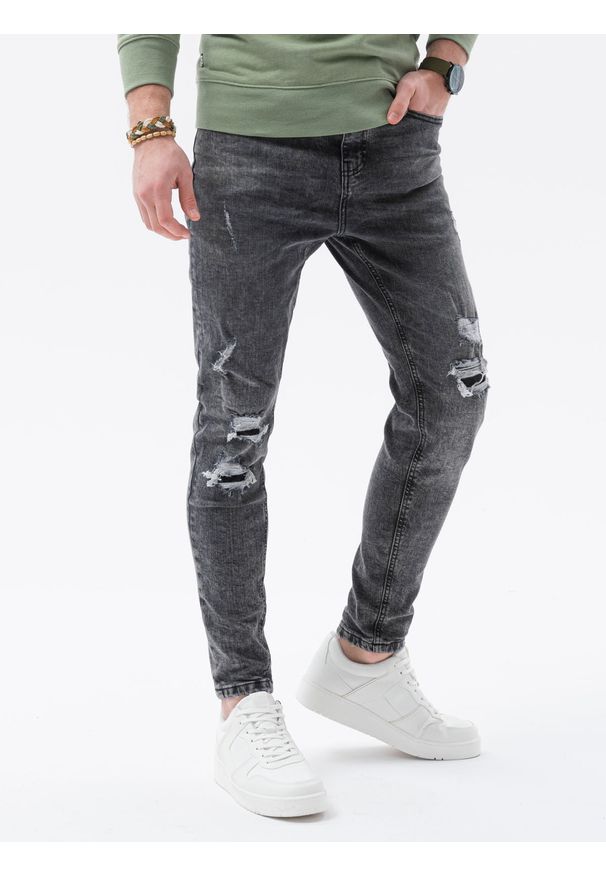 Ombre Clothing - Spodnie męskie jeansowe z dziurami SLIM FIT P1078 - szare - XXL. Kolor: szary. Materiał: jeans