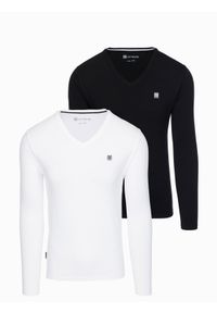 Ombre Clothing - Zestaw męskich longsleeve'ów SLIM FIT z dekoltem typu V i logotypem 2-pak – mix biały/czarny V4 - Rozmiar: XL. Okazja: na co dzień. Kolor: biały. Materiał: bawełna, materiał, elastan. Długość rękawa: długi rękaw. Wzór: jednolity, gładki. Styl: casual, klasyczny #1