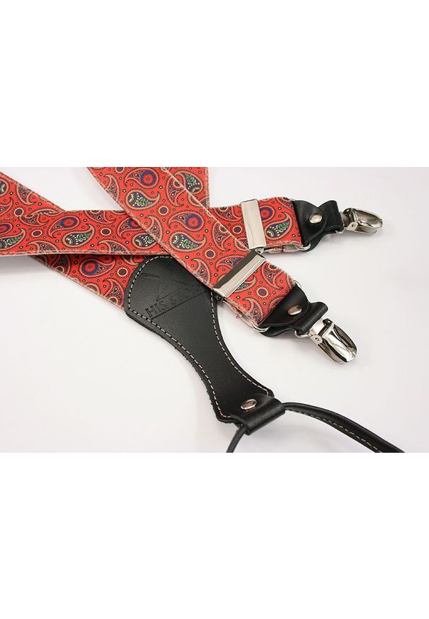 His Story - Czerwone Szerokie Szelki Męskie, Skóra Naturalna -HIS STORY- Stylowe, w Kolorowy Wzór Paisley, Łezki. Kolor: czerwony, wielokolorowy. Materiał: guma, skóra. Wzór: kolorowy, paisley
