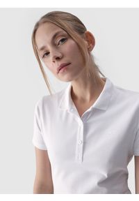 4f - 4F Koszulka polo slim damska - biała XL. Okazja: na co dzień. Typ kołnierza: polo. Kolor: biały. Materiał: jersey, elastan, dzianina, bawełna, materiał. Długość rękawa: krótki rękaw. Długość: krótkie. Wzór: gładki, jednolity, ze splotem. Styl: sportowy, klasyczny, casual