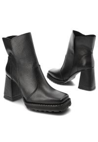 Czarne Botki Exquisite Modne Skórzane Buty Na Obcasie. Kolor: czarny. Materiał: skóra. Szerokość cholewki: normalna. Obcas: na obcasie. Wysokość obcasa: średni #7