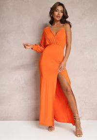 Renee - Pomarańczowa Asymetryczna Sukienka z Gumką w Pasie i Łańcuszkiem Przy Ramieniu Jisse. Kolor: pomarańczowy. Typ sukienki: asymetryczne #1