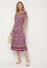 Born2be - Ciemnofioletowa Bawełniana Sukienka z Guzikami i Ornamentnym Wzorem Zisselle. Kolor: fioletowy. Materiał: bawełna #4