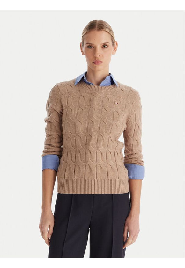 TOMMY HILFIGER - Tommy Hilfiger Sweter WW0WW43586 Beżowy Regular Fit. Kolor: beżowy. Materiał: wełna