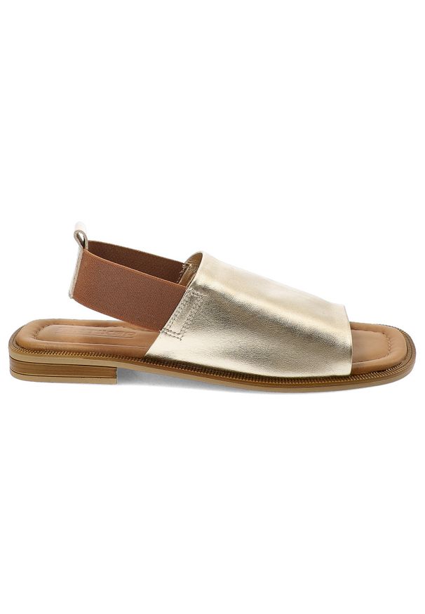 Złote Sandały Artiker Modne Obuwie Damskie. Okazja: na co dzień. Zapięcie: pasek. Kolor: złoty. Materiał: skóra. Wzór: paski. Sezon: lato. Styl: wizytowy, casual