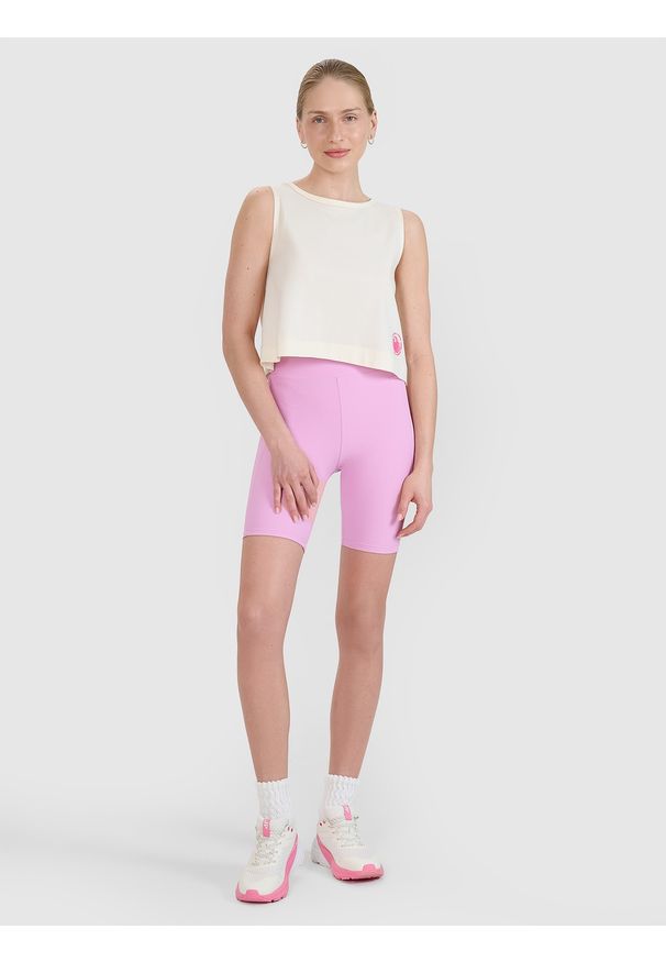 4f - 4F Legginsy krótkie dzianinowe damskie - różowe XL. Stan: podwyższony. Kolor: różowy. Materiał: dzianina. Długość: krótkie. Wzór: prążki