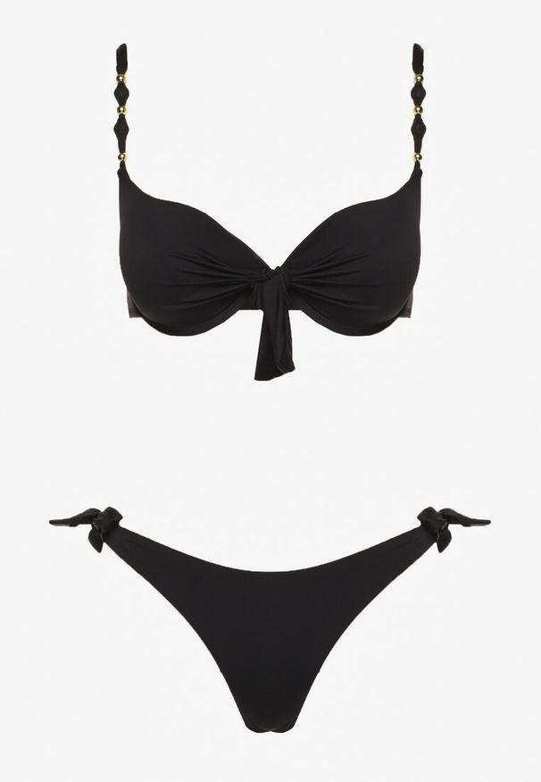 Renee - Czarne Bikini Majtki i Biustonosz z Wiązaniem Sadeenne. Kolor: czarny. Wzór: aplikacja