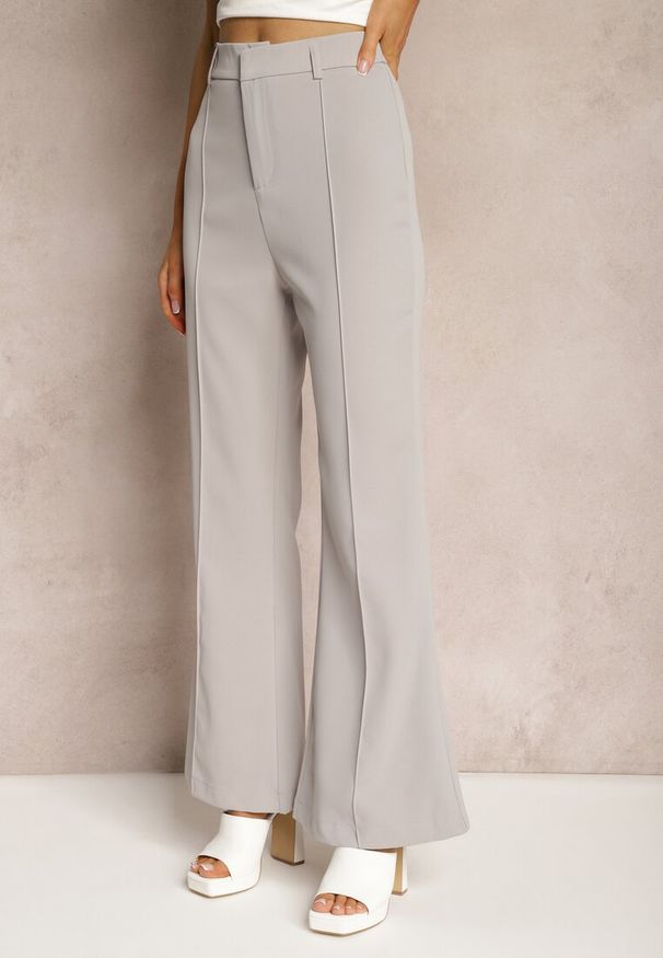 Renee - Szare Casualowe Spodnie w Stylu Dzwonów High Waist Uinna. Okazja: na co dzień. Stan: podwyższony. Kolor: szary. Styl: casual