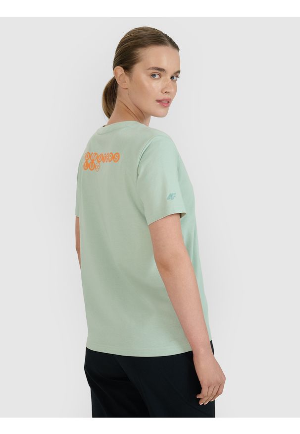 4f - 4F T-shirt oversize z nadrukiem damski - turkusowy XL. Okazja: na co dzień. Kolor: turkusowy. Materiał: dzianina, bawełna, jersey. Długość rękawa: krótki rękaw. Długość: krótkie. Wzór: nadruk. Styl: klasyczny, sportowy, casual