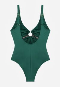 Renee - Zielony Strój Kąpielowy z Paskiem w Geometryczny Print i Wycięciem Helania. Kolekcja: plus size. Kolor: zielony. Wzór: geometria, nadruk #5