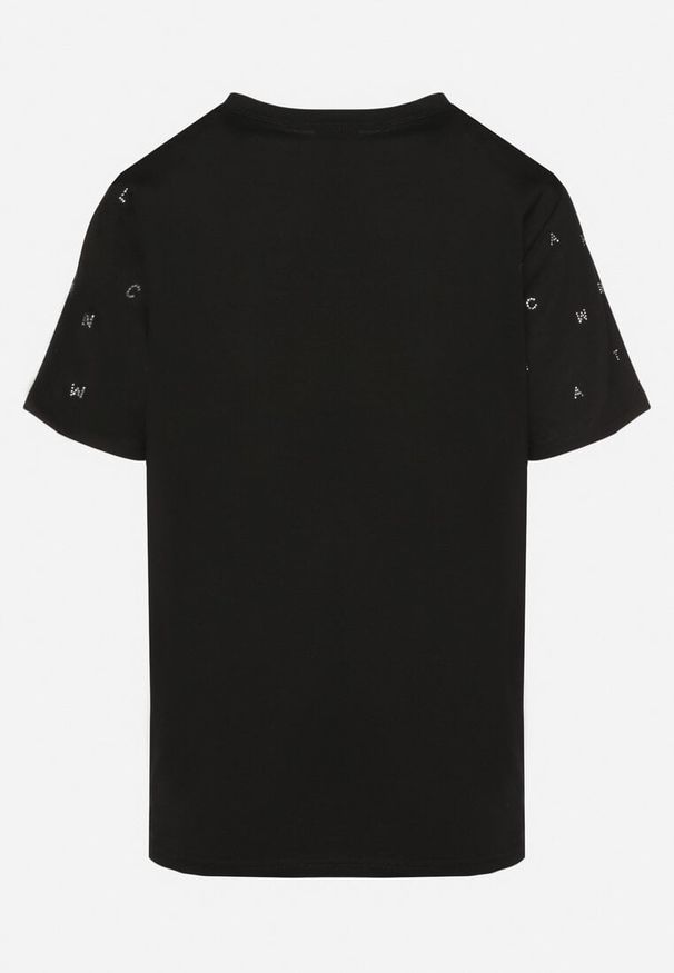 Born2be - Czarny T-shirt z Bawełny z Cyrkoniami i Napisem Nalanielle. Okazja: na co dzień. Kolor: czarny. Materiał: bawełna. Wzór: napisy. Styl: sportowy, klasyczny, elegancki, casual