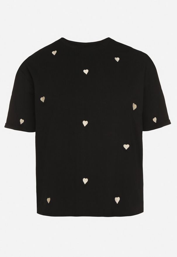 Born2be - Czarny Bawełniany T-shirt Zdobiony Haftem w Kształcie Serc Naloree. Okazja: na co dzień. Kolekcja: plus size. Kolor: czarny. Materiał: bawełna. Wzór: aplikacja, haft. Styl: klasyczny, elegancki, casual