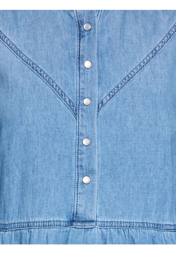 Big-Star - Sukienka damska mini jeansowa z dodatkiem lnu niebieska Rosalie 280. Okazja: na co dzień. Typ kołnierza: kołnierzyk stójkowy. Kolor: niebieski. Materiał: len, jeans. Styl: casual. Długość: mini