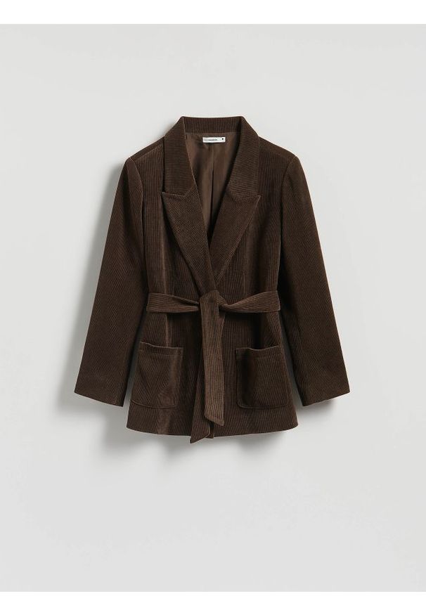 Reserved - Sztruksowa marynarka z wiązaniem - ciemnobrązowy. Kolor: brązowy. Materiał: sztruks