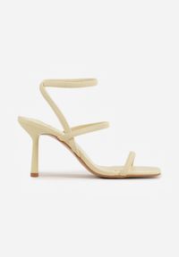 Renee - Żółte Sandały na Szpilce z Dopasowującymi się do Stopy Paskami Usinrya. Zapięcie: pasek. Kolor: żółty. Materiał: satyna. Wzór: paski. Obcas: na szpilce. Wysokość obcasa: średni #8