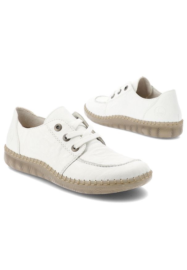 Półbuty damskie Rieker, skórzana cholewka z naturalnej skóry klasyczna niska forma z wiązaniem elastyczna lekka podeszwa wygodny model do codziennego. Okazja: na co dzień. Zapięcie: sznurówki. Kolor: biały. Materiał: skóra. Szerokość cholewki: normalna. Sezon: wiosna, lato. Styl: casual, klasyczny