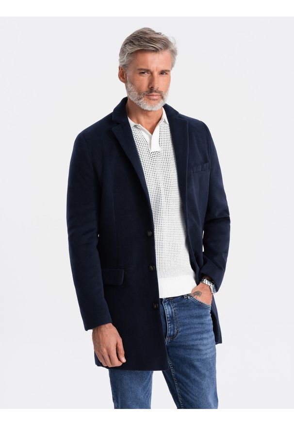 Ombre Clothing - Płaszcz męski klasyczny jednorzędowy - granatowy V1 - Rozmiar: XXL. Kolor: niebieski. Materiał: poliester. Sezon: wiosna. Styl: klasyczny