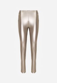 Born2be - Szampańskie Legginsy z Ekoskóry z Guzikami Wysokim Stanem i Gumką w Talii Sintheria. Okazja: na co dzień, na spacer. Stan: podwyższony. Kolor: złoty. Materiał: materiał, kaszmir. Wzór: aplikacja. Sezon: jesień. Styl: casual, elegancki #5