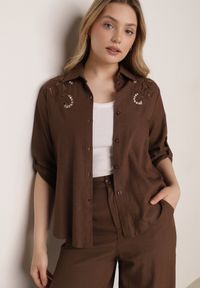 Born2be - Brązowy Rustykalny Komplet z Bawełną z Ażurowym Wzorem Spodnie i Koszula Anael. Kolor: brązowy. Materiał: bawełna. Wzór: ażurowy #2