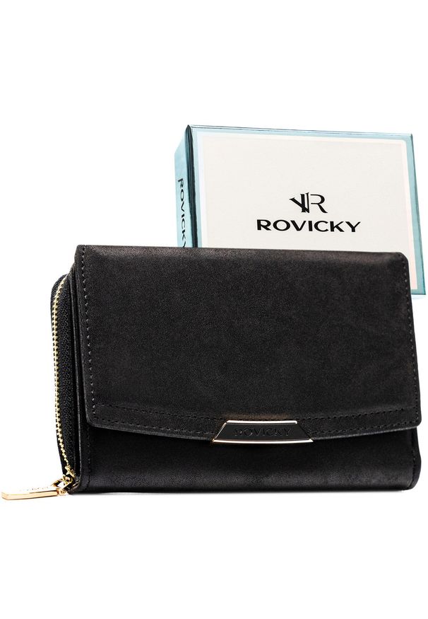 ROVICKY - Średni portfel damski ze skóry ekologicznej w czarnym kolorze, model mieszczący dowód rejestracyjny - Rovicky. Kolor: czarny. Materiał: skóra ekologiczna
