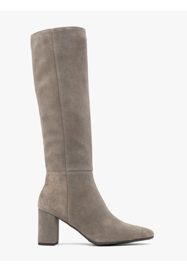 Ryłko - Szare kozaki z wąską cholewką. Zapięcie: zamek. Kolor: szary. Materiał: welur, skóra. Szerokość cholewki: wąska. Obcas: na obcasie. Styl: klasyczny, street, elegancki. Wysokość obcasa: średni